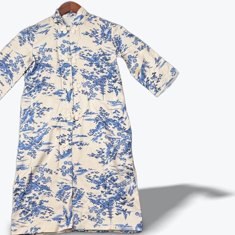Authentic Asian‎ Silk Kimono Vintage Blue Toile Pure Silk Midi Dress Robe Japan